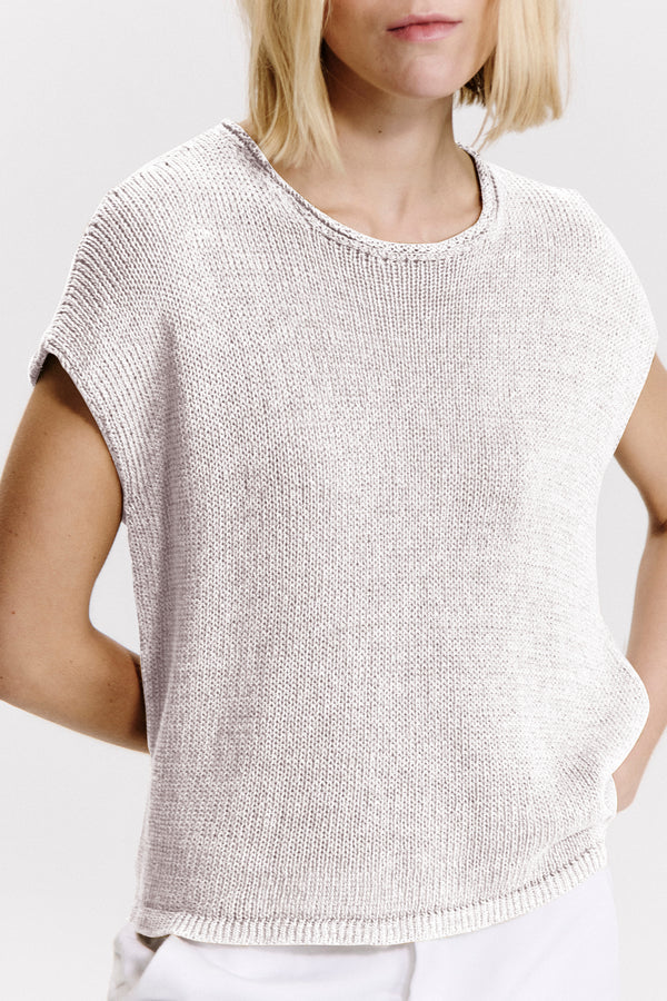 Boxy shape t-shirt in cotton-linen blend melange knit ribbon