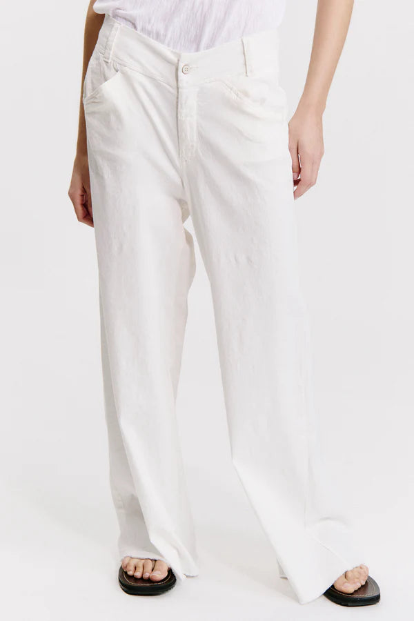 Wide-leg trousers with frayed bottom in viscose and stretch linen milk