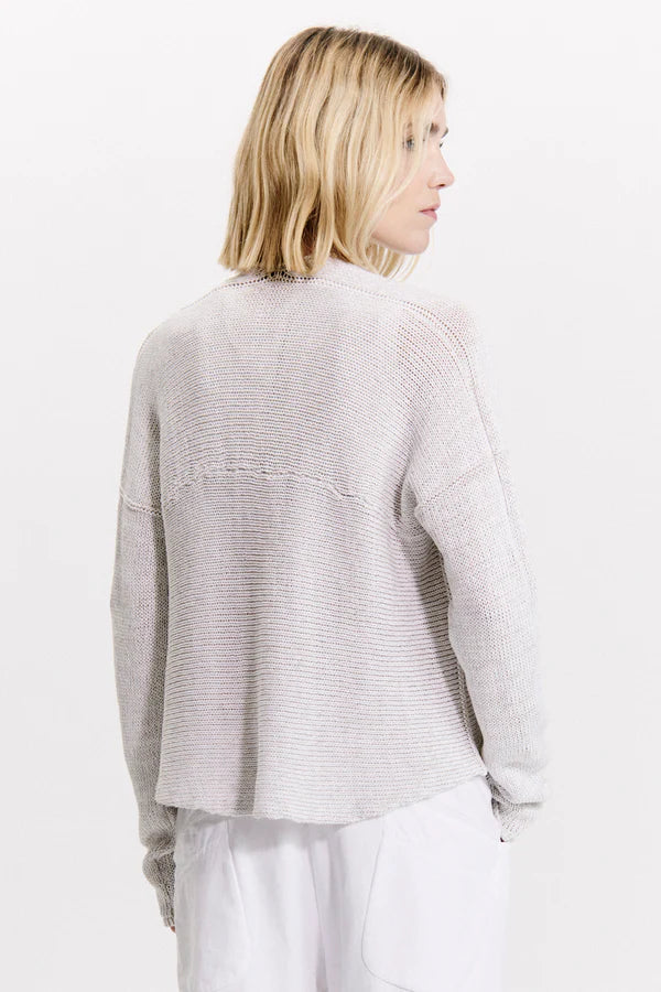 Cardigan without closure in melange ribbon knit cotton-linen blend