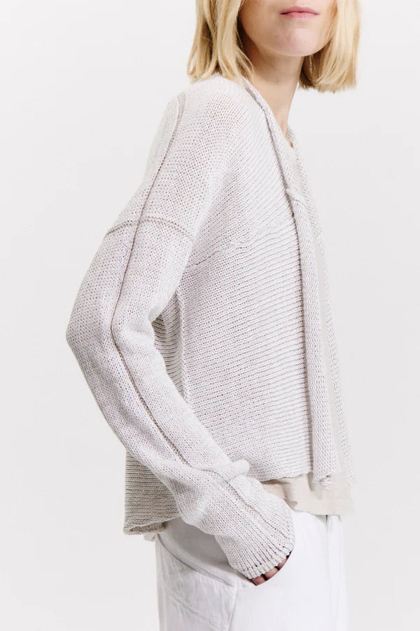 Cardigan without closure in melange ribbon knit cotton-linen blend