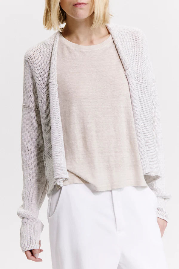 Cardigan without closure in melange ribbon knit cotton-linen blend