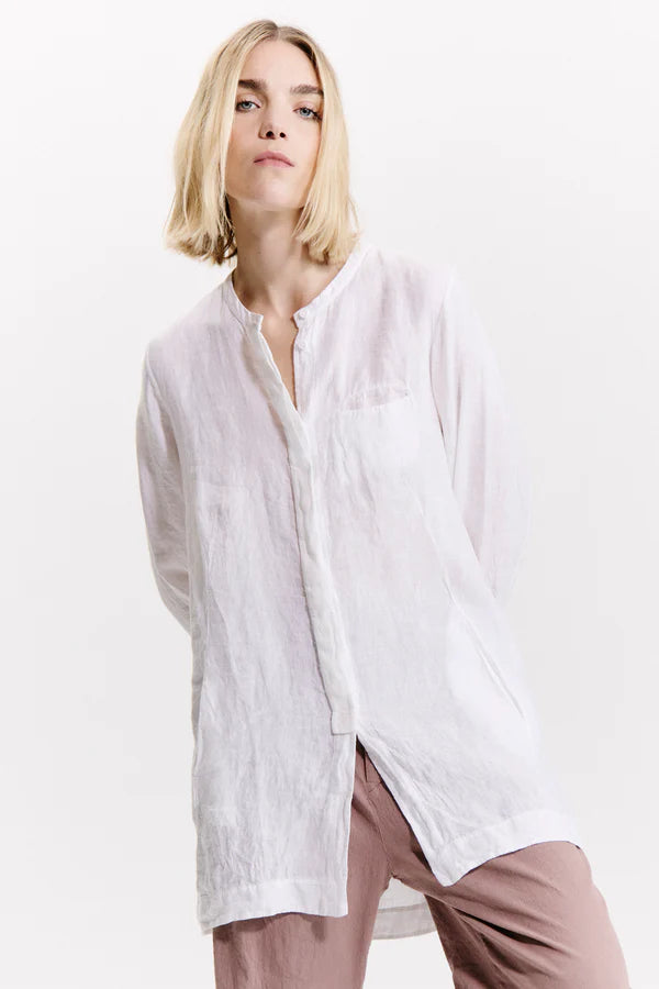 Long linen shirt. viscose georgette band with hidden buttoning