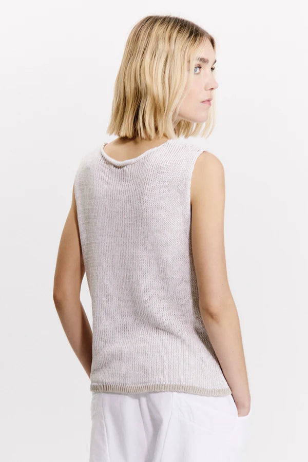 Cotton-linen blend melange knit tank top