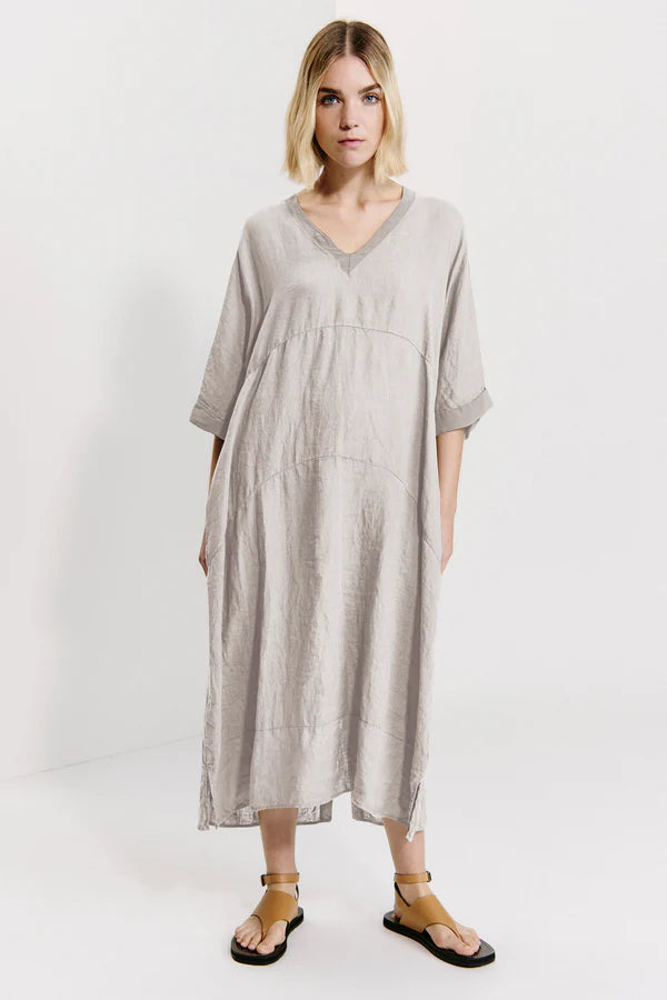 Linen double v-neck dress with kimono sleeves and button list at back. georgette inserts. wearable rope