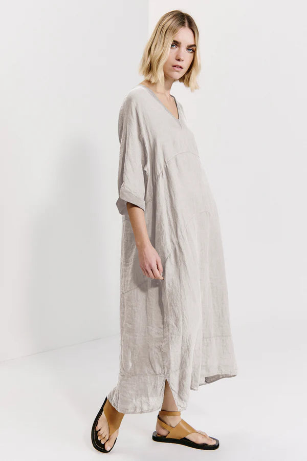 Linen double v-neck dress with kimono sleeves and button list at back. georgette inserts. wearable rope