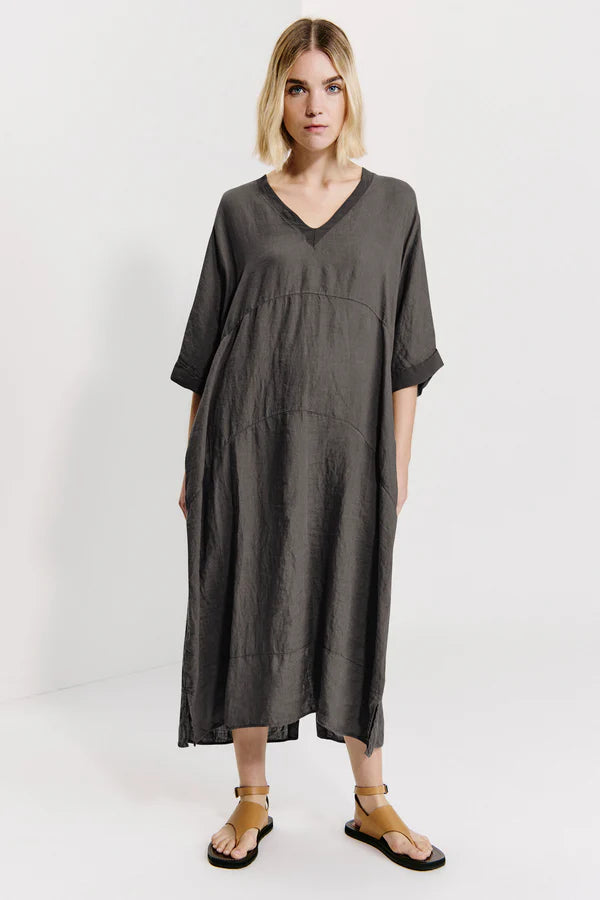 Linen double v-neck dress with kimono sleeves and button list at back. georgette inserts. wearable f mud