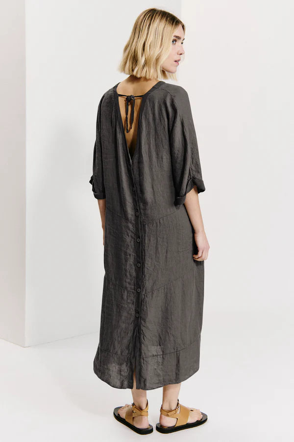 Linen double v-neck dress with kimono sleeves and button list at back. georgette inserts. wearable f mud