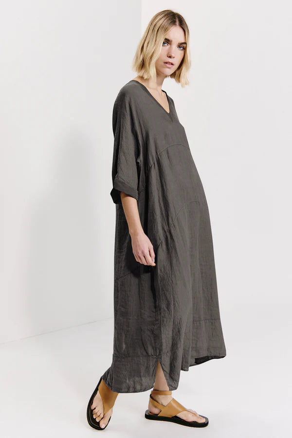 Linen double v-neck dress with kimono sleeves and button list at back. georgette inserts. wearable f mud