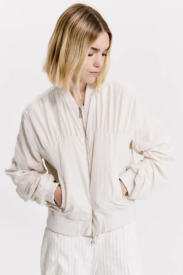 Silk-blend zip-lined short bomber jacket with knitted rib inserts on collar, cuffs and bottom hem