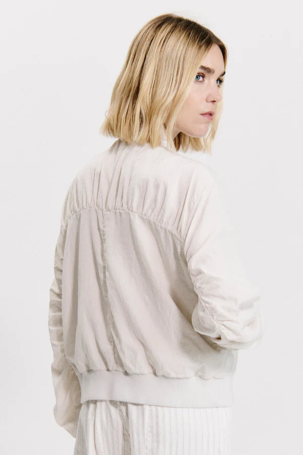 Silk-blend zip-lined short bomber jacket with knitted rib inserts on collar, cuffs and bottom hem