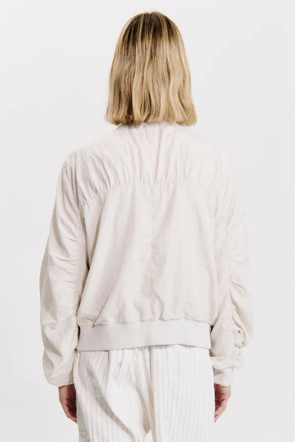 Silk-blend zip-lined short bomber jacket with knitted rib inserts on collar, cuffs and bottom hem