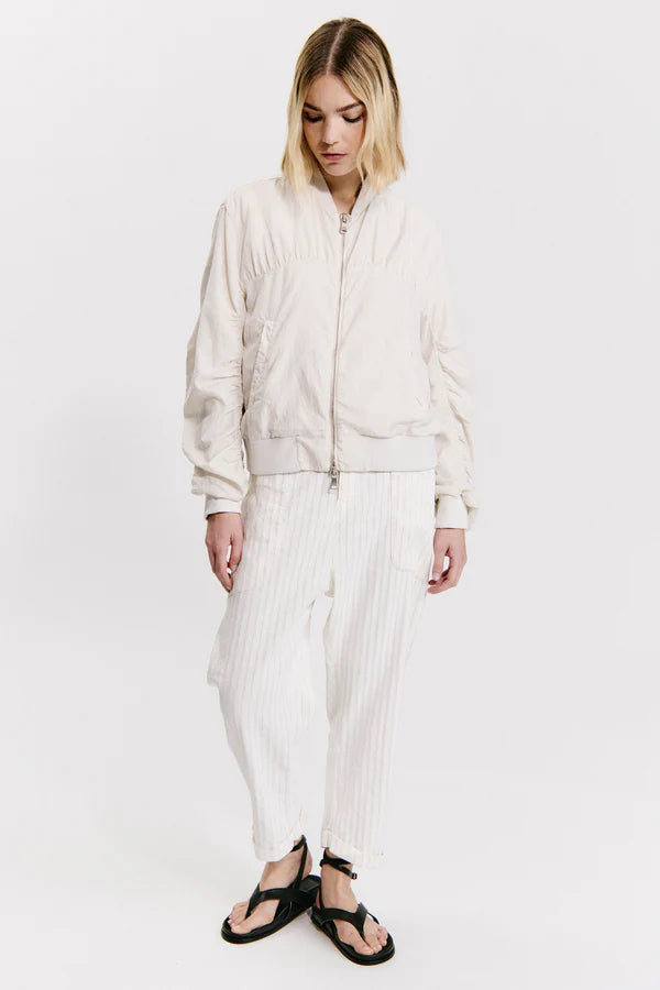 Silk-blend zip-lined short bomber jacket with knitted rib inserts on collar, cuffs and bottom hem