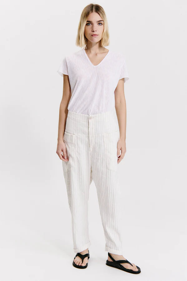 Comfort fit trousers with high front basque and patch pockets in linen and viscose stretch pinstripe milk