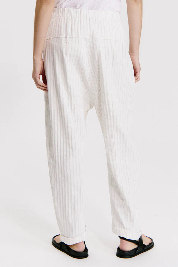 Comfort fit trousers with high front basque and patch pockets in linen and viscose stretch pinstripe milk