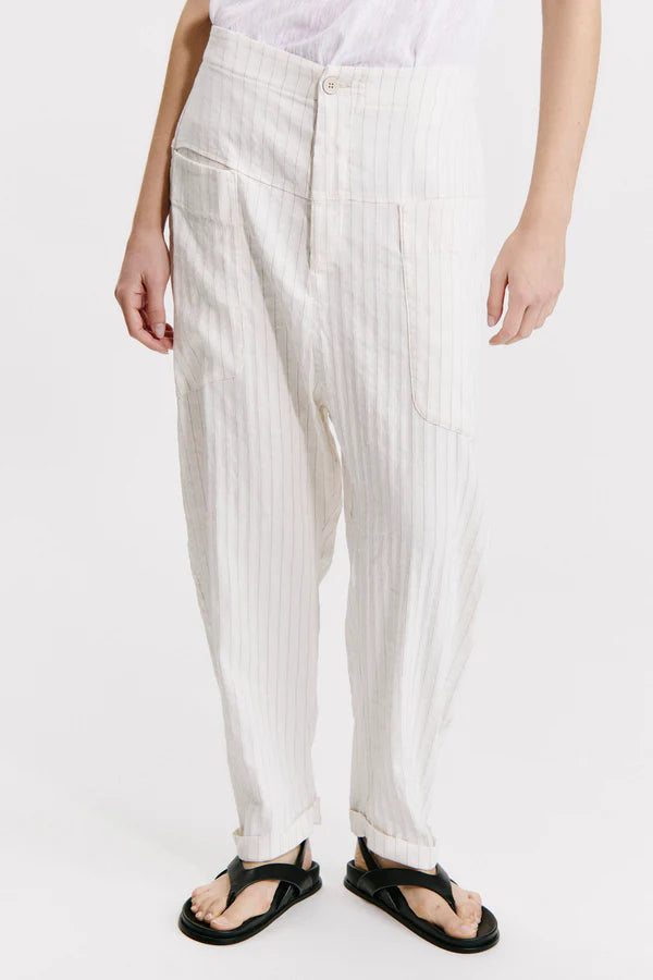 Comfort fit trousers with high front basque and patch pockets in linen and viscose stretch pinstripe milk