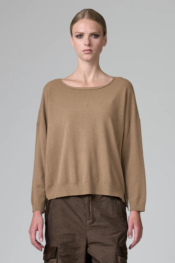 Oversized viscose and wool stretch knit. boxed shaped and boat neck