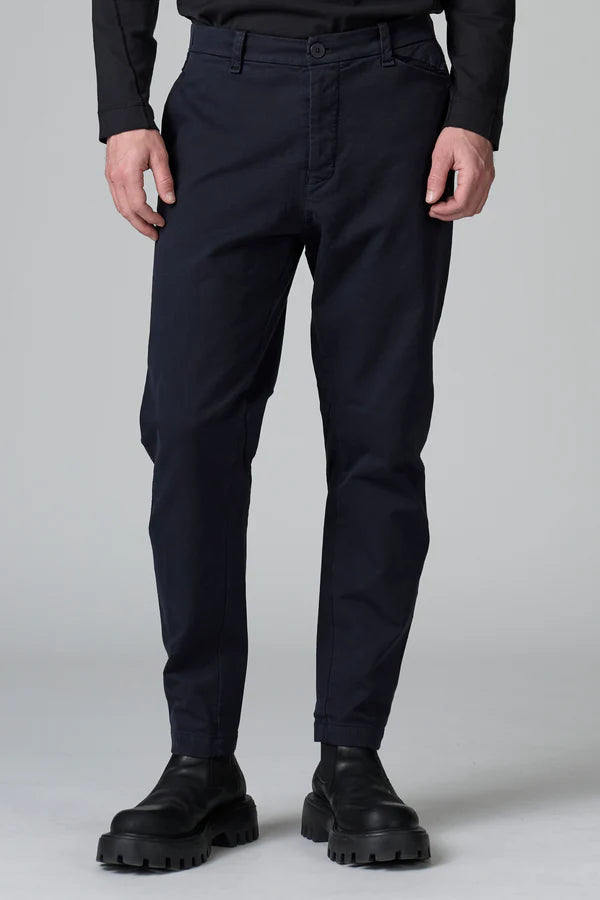 Stretch cotton satin regular fit chino trousers with hand-embroidered small pocket on left hip