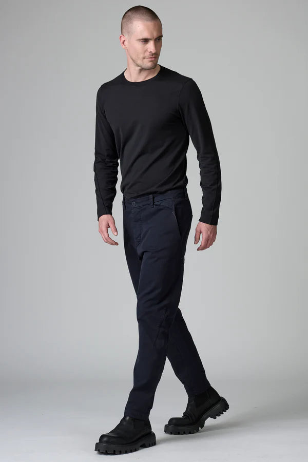 Stretch cotton satin regular fit chino trousers with hand-embroidered small pocket on left hip