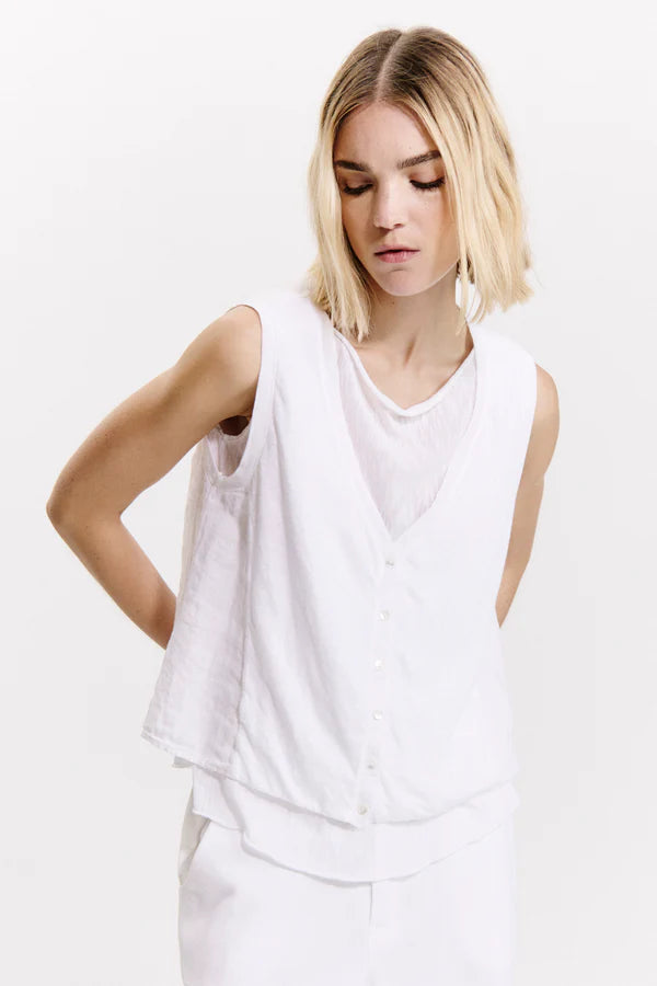 Linen jersey comfort fit flared waistcoat with rib knit inserts