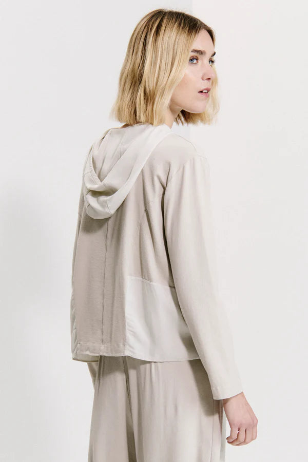 Zip and hooded comfort fit jacket in stretch cotton jersey with viscose georgette inserts