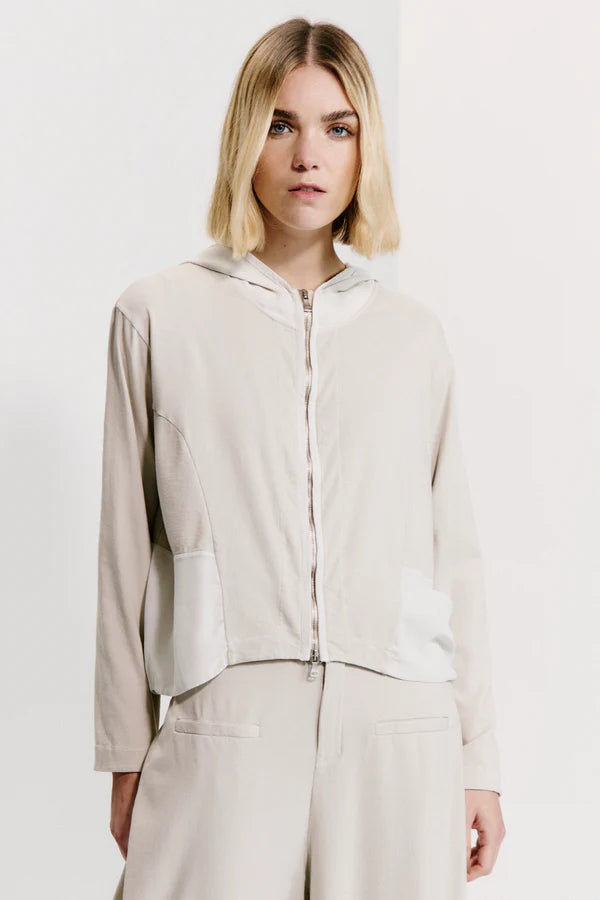 Zip and hooded comfort fit jacket in stretch cotton jersey with viscose georgette inserts