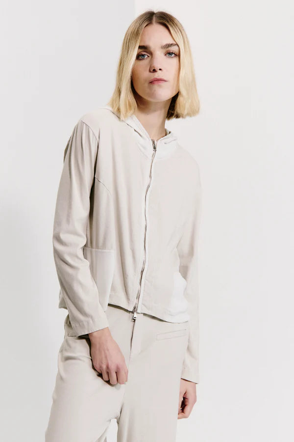 Zip and hooded comfort fit jacket in stretch cotton jersey with viscose georgette inserts