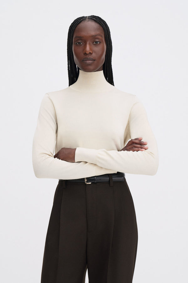 Glossy Knit Turtleneck Sweater cream white