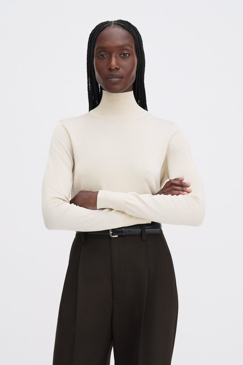 Glossy Knit Turtleneck Sweater cream white