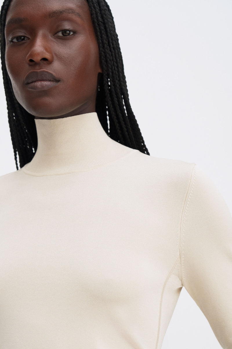 Glossy Knit Turtleneck Sweater cream white