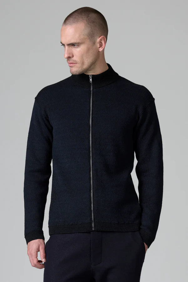 Ribbed zipped regular fit jacket in virgin wool and linen