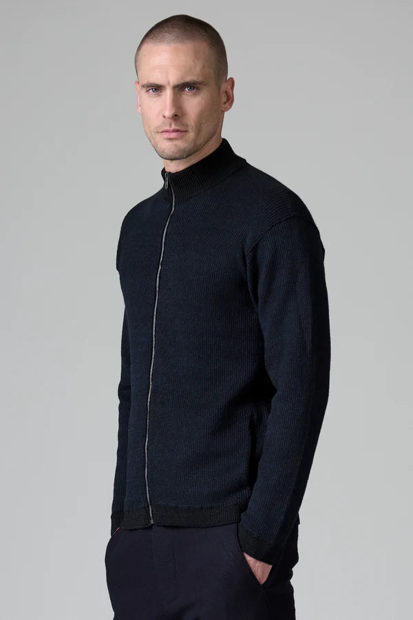 Ribbed zipped regular fit jacket in virgin wool and linen