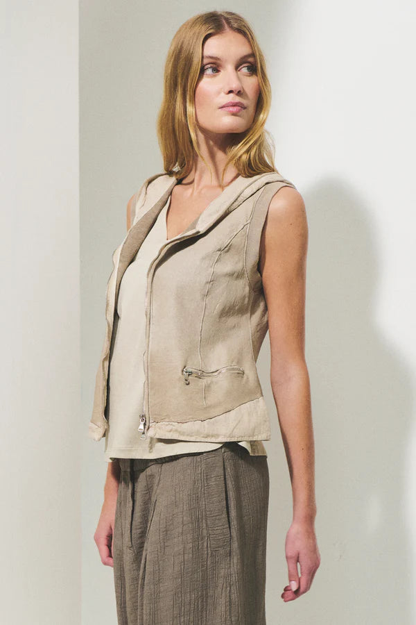 Leather slim fit zipped waistcoat with knitted linen bottom and hood
