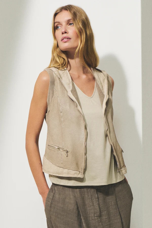Leather slim fit zipped waistcoat with knitted linen bottom and hood