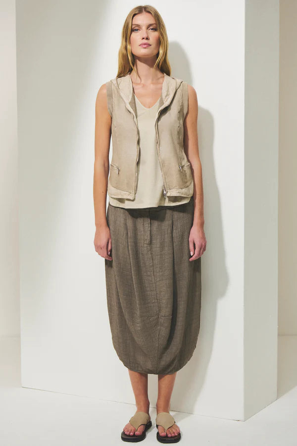 Leather slim fit zipped waistcoat with knitted linen bottom and hood