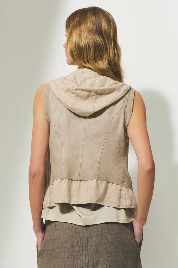 Leather slim fit zipped waistcoat with knitted linen bottom and hood