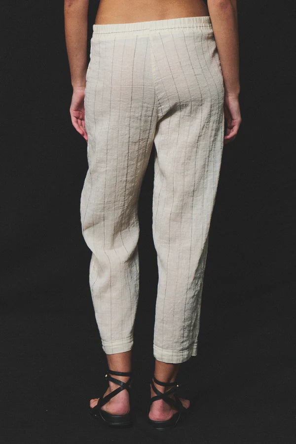 Comfort fit calf trousers in pinstriped cotton and linen gauze