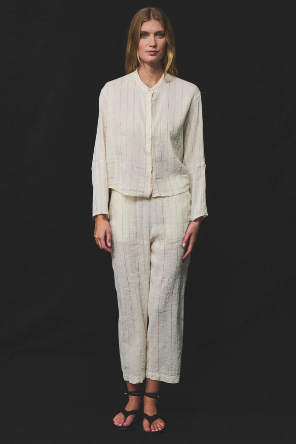 Cotton gauze and linen pinstripe over shirt bombé shape with mandarin collar
