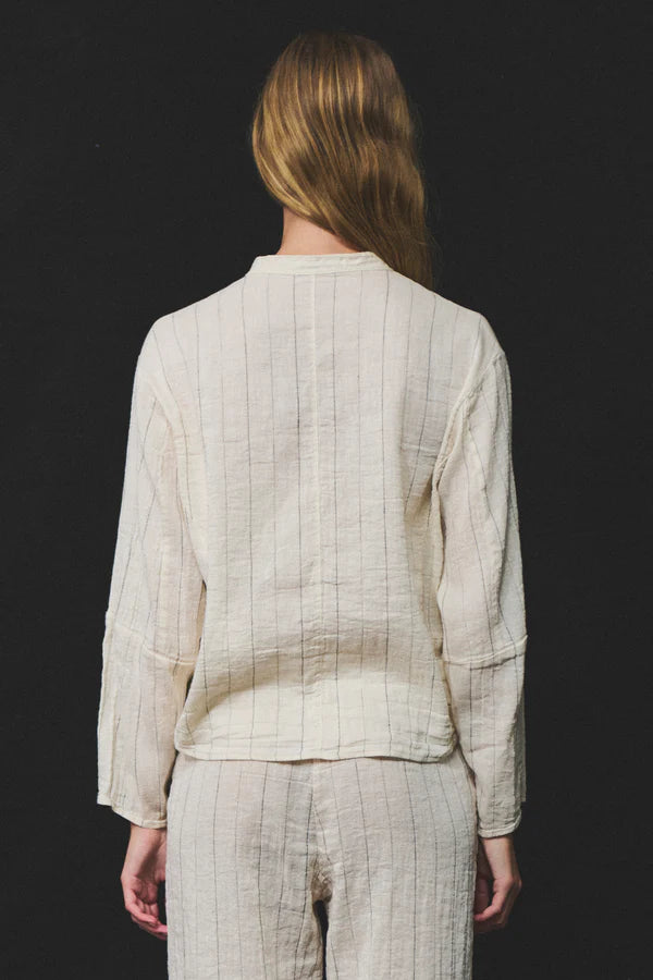 Cotton gauze and linen pinstripe over shirt bombé shape with mandarin collar