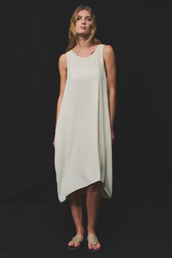 Flared micro-textured stretch viscose sleeveless dress with viscose georgette insert