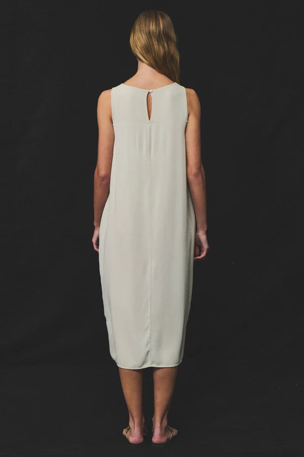 Flared micro-textured stretch viscose sleeveless dress with viscose georgette insert