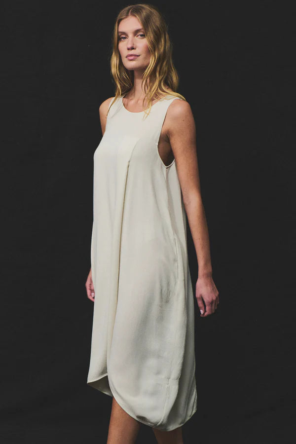 Flared micro-textured stretch viscose sleeveless dress with viscose georgette insert