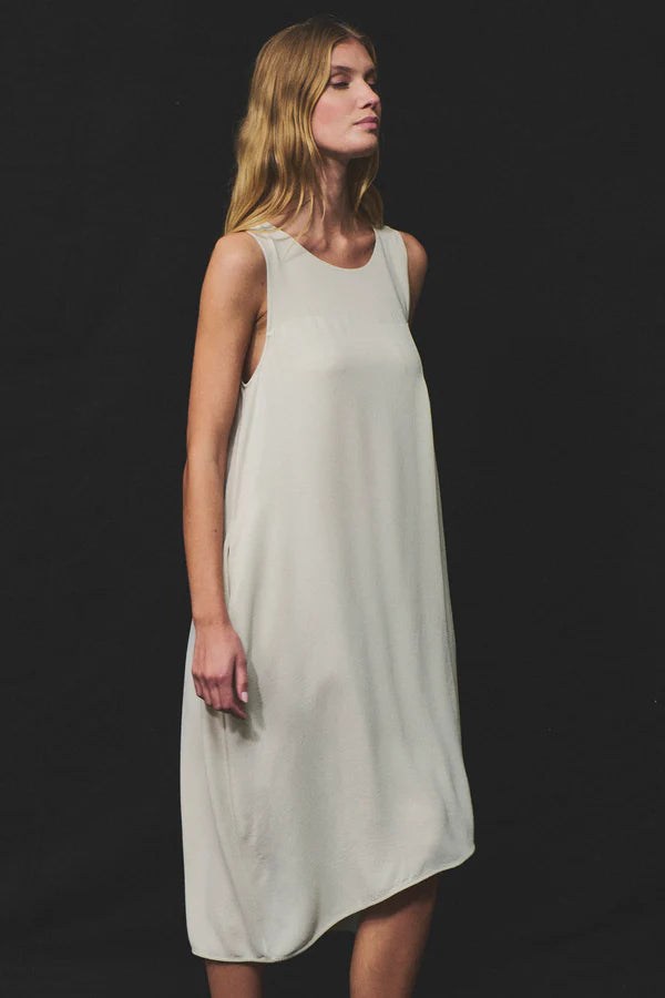 Flared micro-textured stretch viscose sleeveless dress with viscose georgette insert