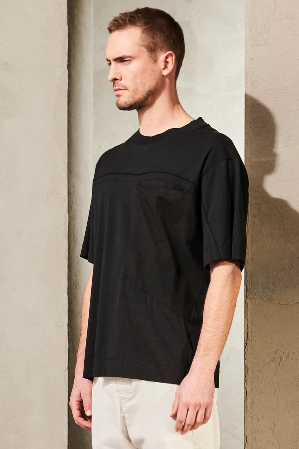 Oversized t-shirt in cotton jersey and poplin with knit insert and big patch pocket