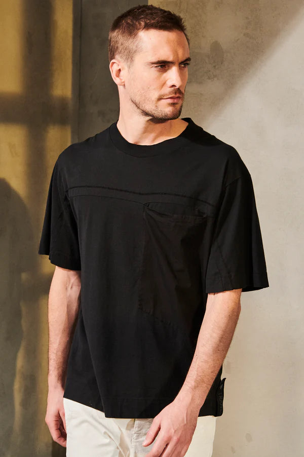 Oversized t-shirt in cotton jersey and poplin with knit insert and big patch pocket